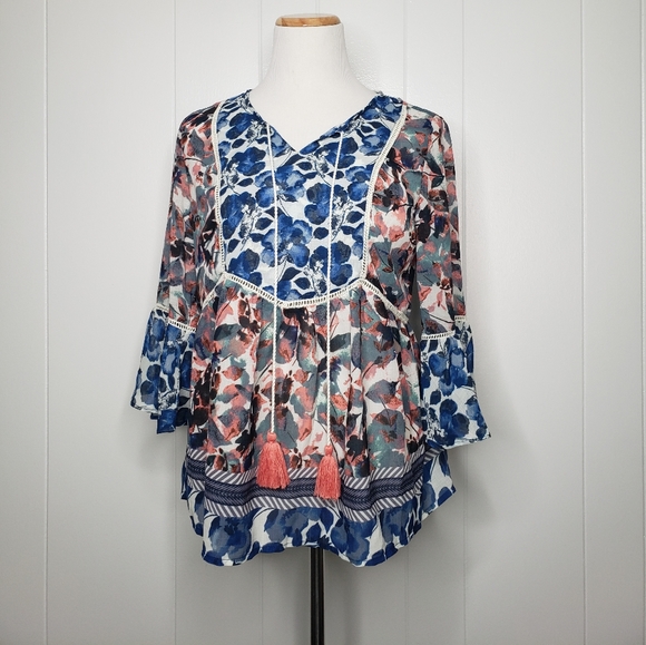Vintage America Tops - Vintage America Blue and Pink Floral Blouse